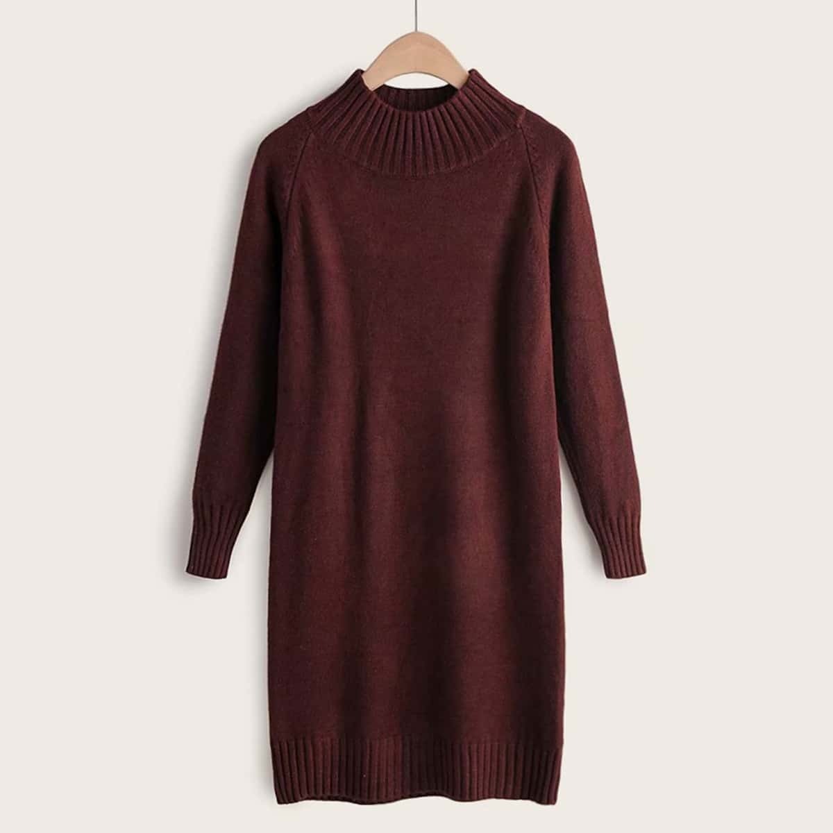 

Mock Neck Ribbed Trim Sweater Dress, Burgundy