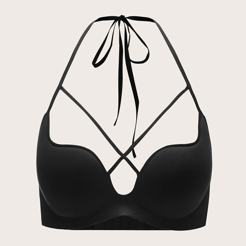 

Crisscross Front Halter Bra, Black