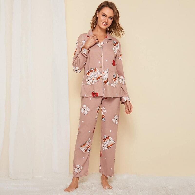 

Graphic Print Polka Dot Pajama Set, Pink