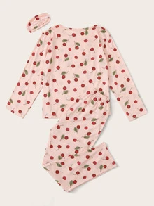 Cherry Print Pajama Set With Eye Cover, Fall Winter Clothes  Cozy And Elegant Details