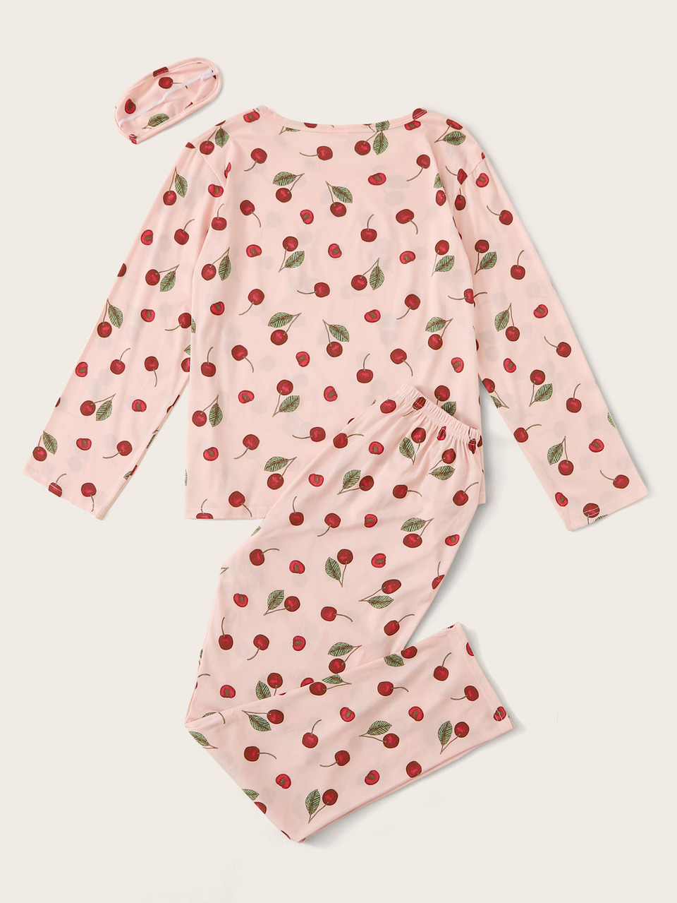 Cherry Print Pajama Set With Eye Cover, Fall Winter Clothes  Cozy And Elegant Details