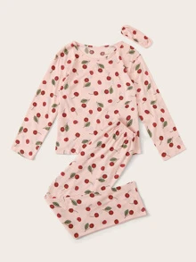 Cherry Print Pajama Set With Eye Cover, Fall Winter Clothes  Cozy And Elegant Details