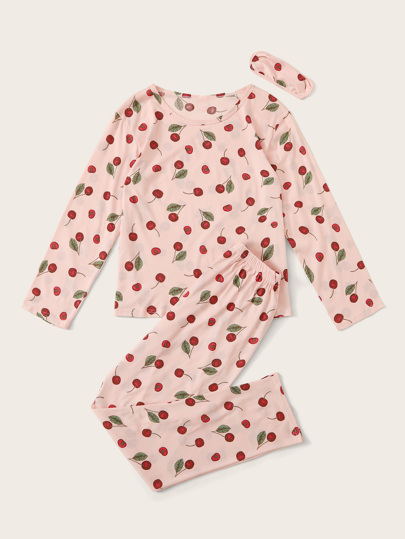 Cherry Print Pajama Set Eye Cover, Fall Clothes Cozy Elegante view 3