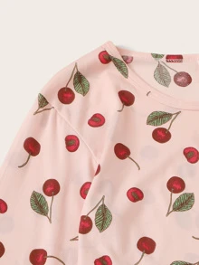 Cherry Print Pajama Set With Eye Cover, Fall Winter Clothes  Cozy And Elegant Details