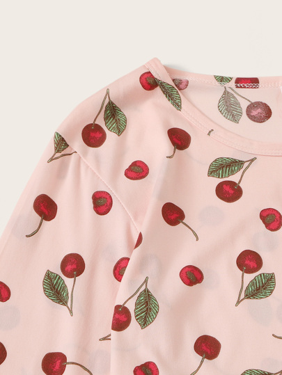 Cherry Print Pajama Set Eye Cover, Fall Clothes Cozy Elegante view 4