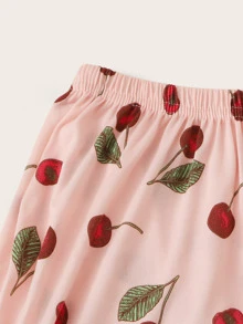 Cherry Print Pajama Set With Eye Cover, Fall Winter Clothes  Cozy And Elegant Details