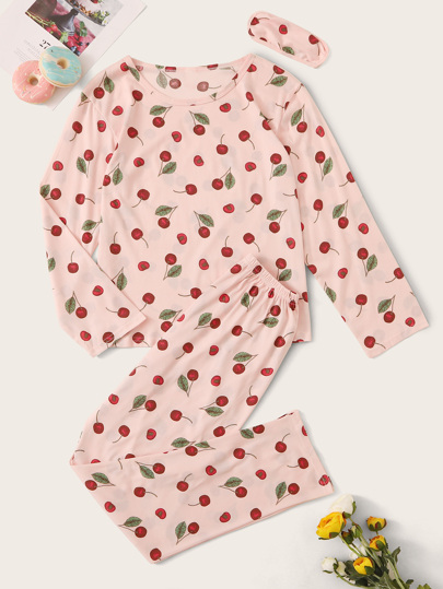 Cherry Print Pajama Set Eye Cover, Fall Clothes Cozy Elegante