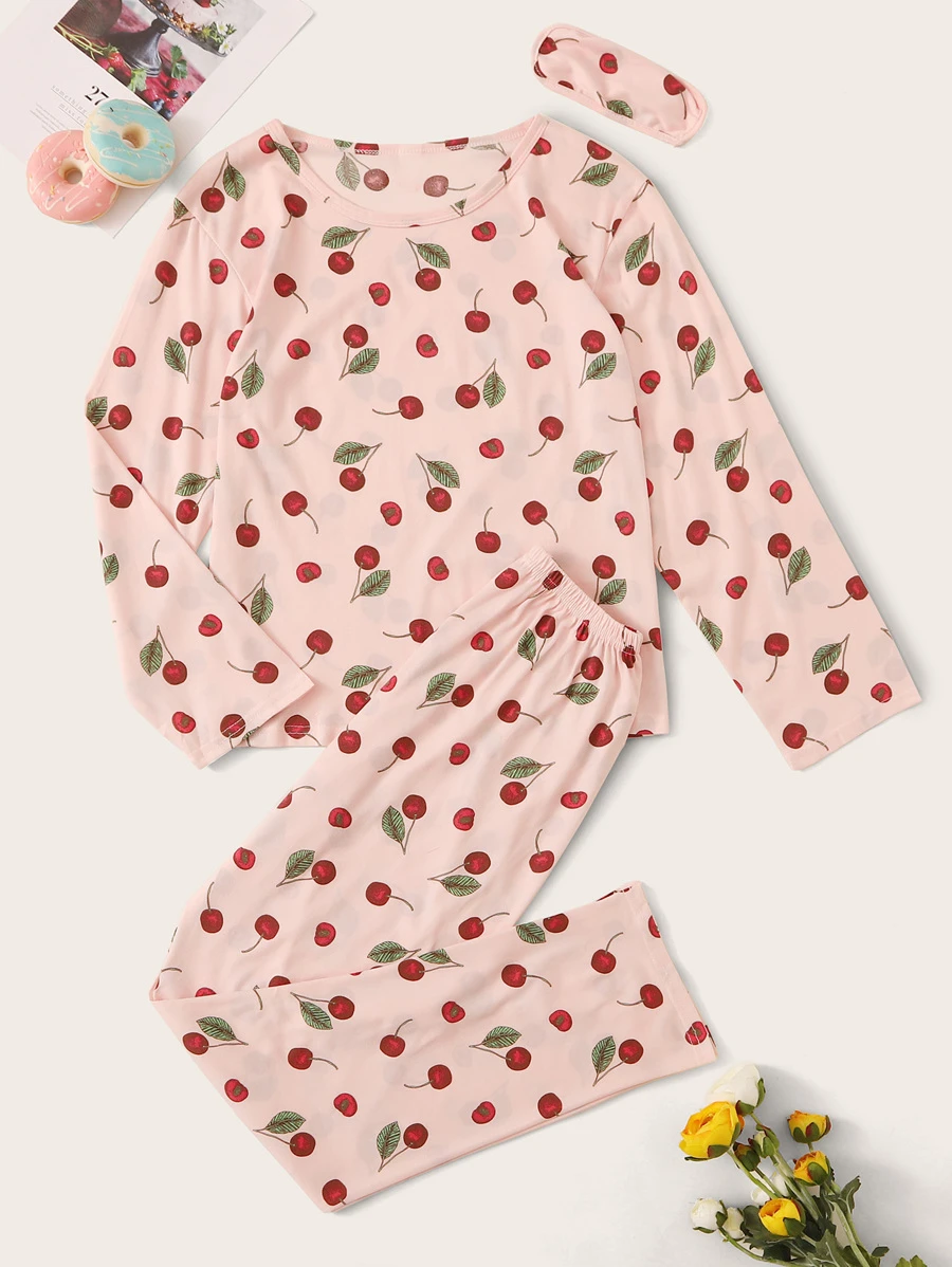 Cherry Print Pajama Set With Eye Cover, Fall Winter Clothes  Cozy And Elegant Details