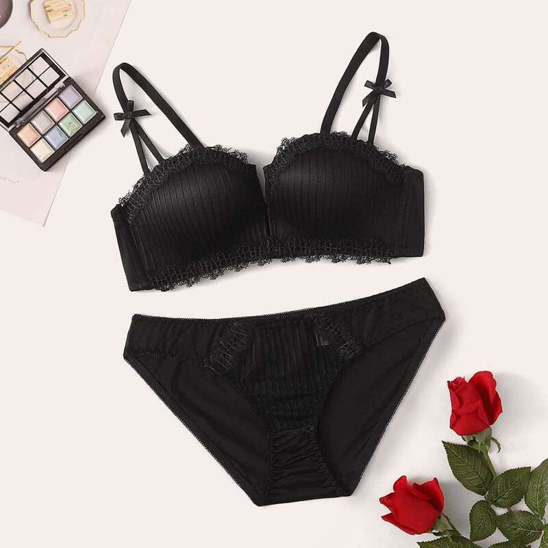 

Crochet Trim Lingerie Set, Black