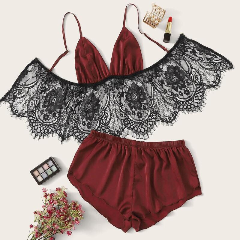 

Eyelash Floral Lace Satin Lingerie Set, Burgundy