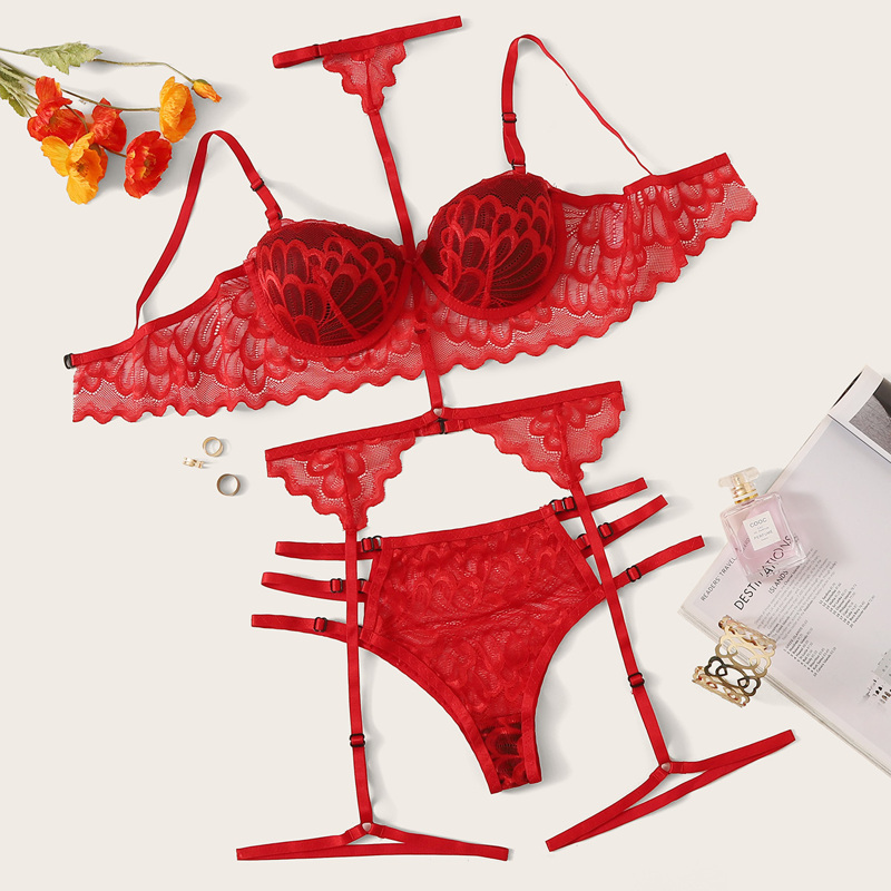 

Floral Lace Underwire Garter Lingerie Set With Choker, Red