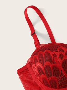 花卉蕾絲鋼圈吊襪帶內衣褲套裝帶頸鍊 - 紅色 - 查看 4