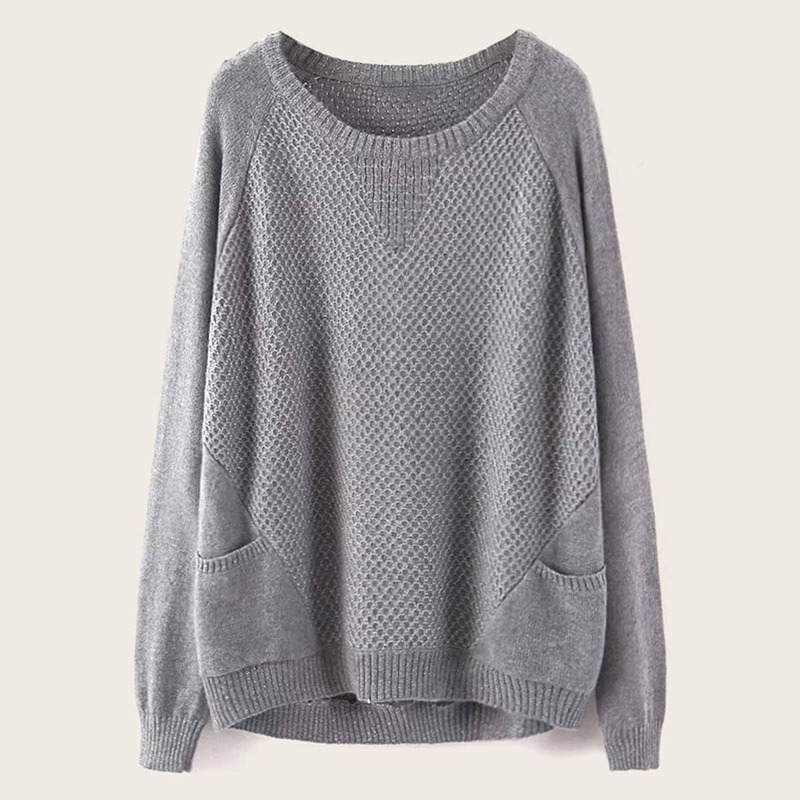 

Solid Dual Pocket Long Sleeve Sweater, Grey