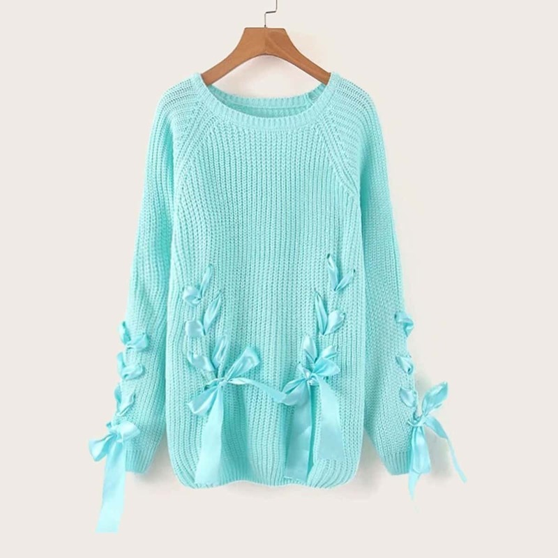 

Loose Knit Lace Up Tie Front Sweater, Blue