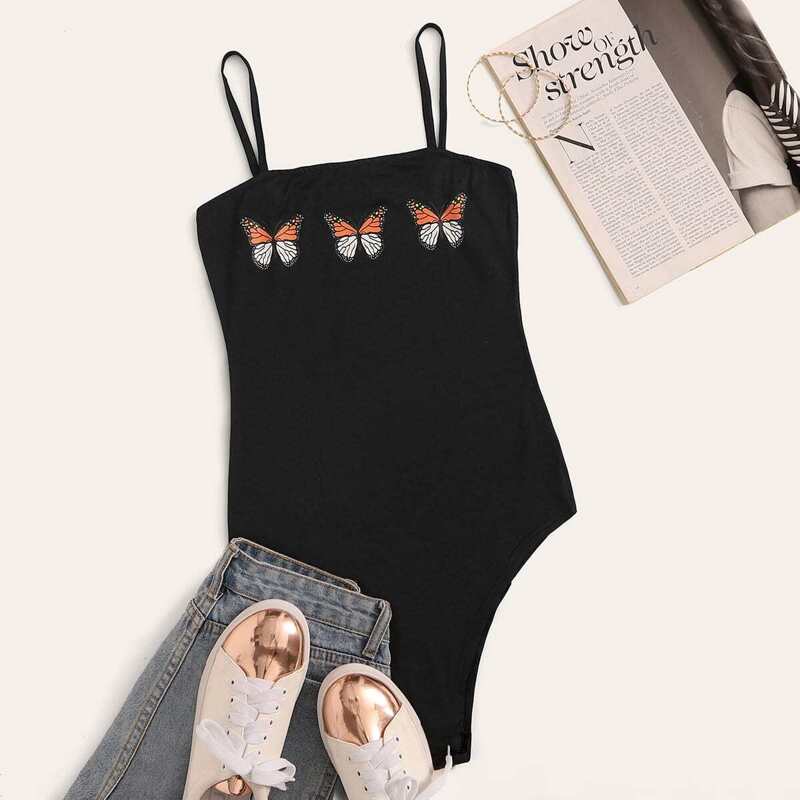 

Butterfly Print Cami Bodysuit, Black