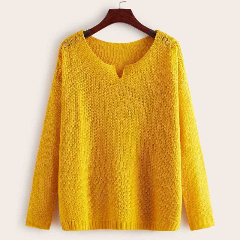 Notched Neck Drop Shoulder Sweater, Yellow