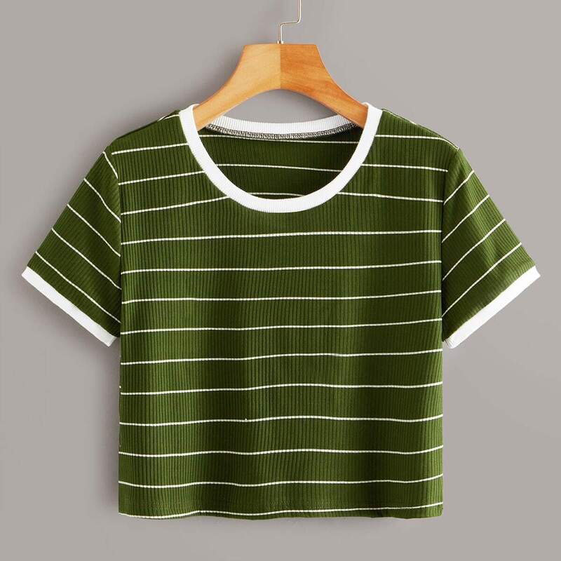 

Contrast Binding Striped Ribbed Tee, Army green
