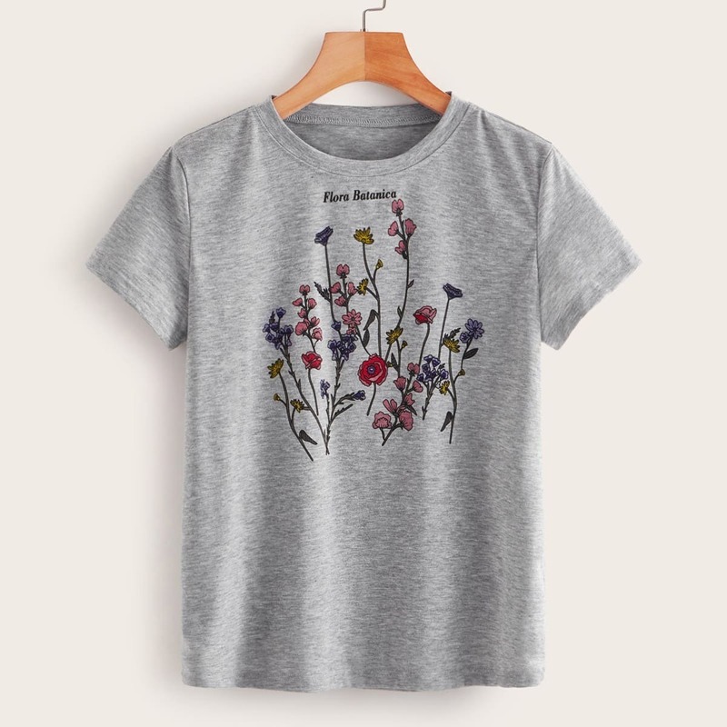 

Floral And Letter Print Round Neck Tee, Grey