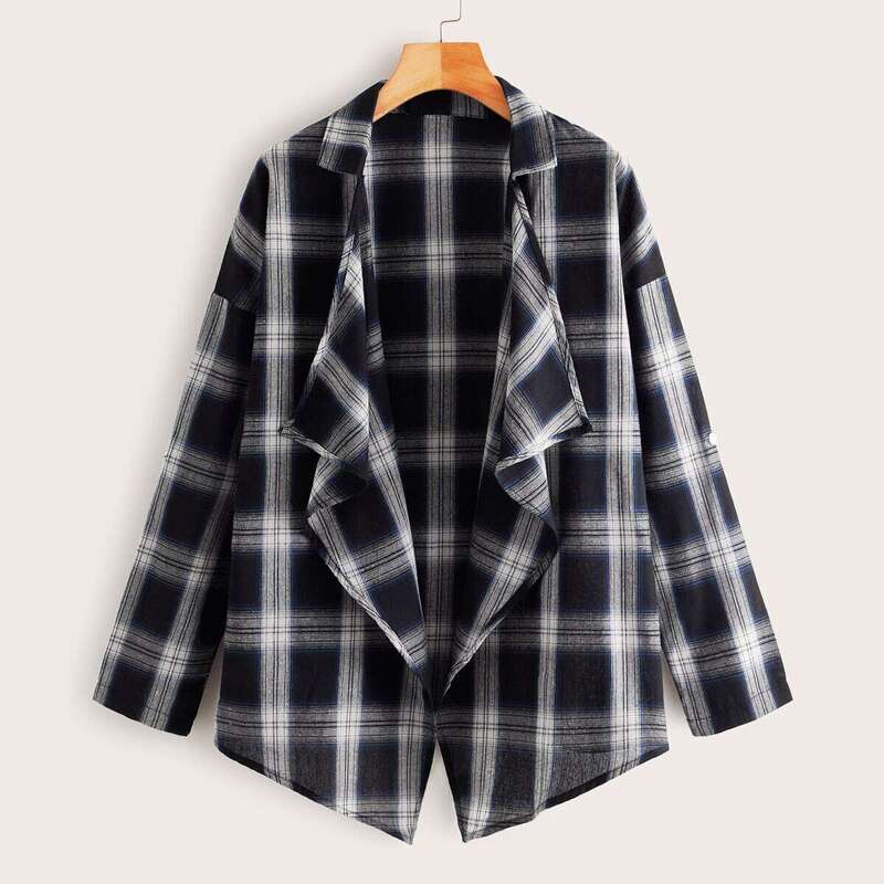 

Plaid High Low Hem Open Front Coat, Black and white