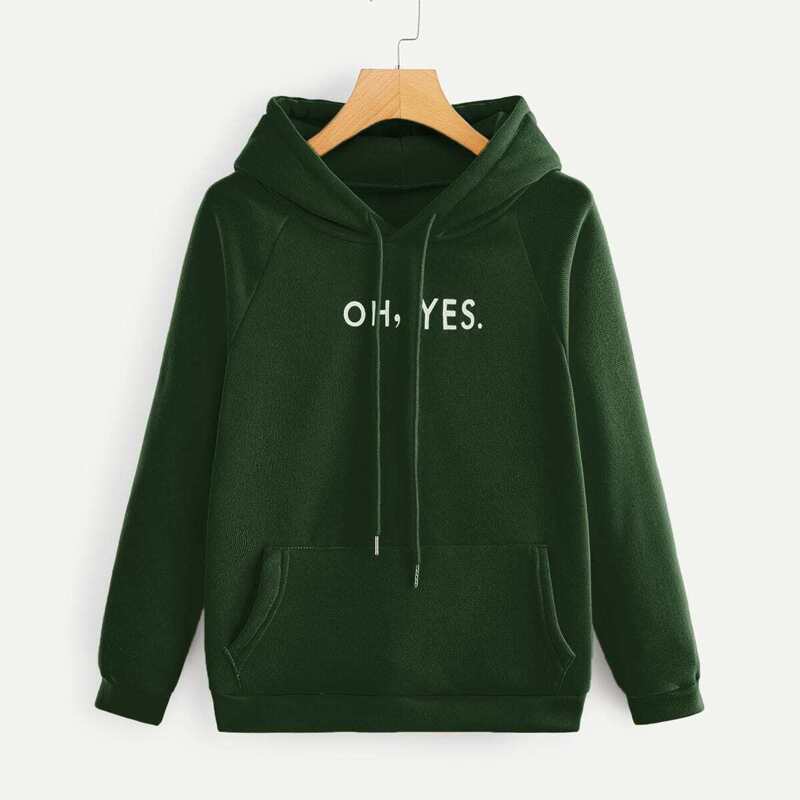 

Letter Graphic Kangaroo Pocket Drawstring Hoodie, Green