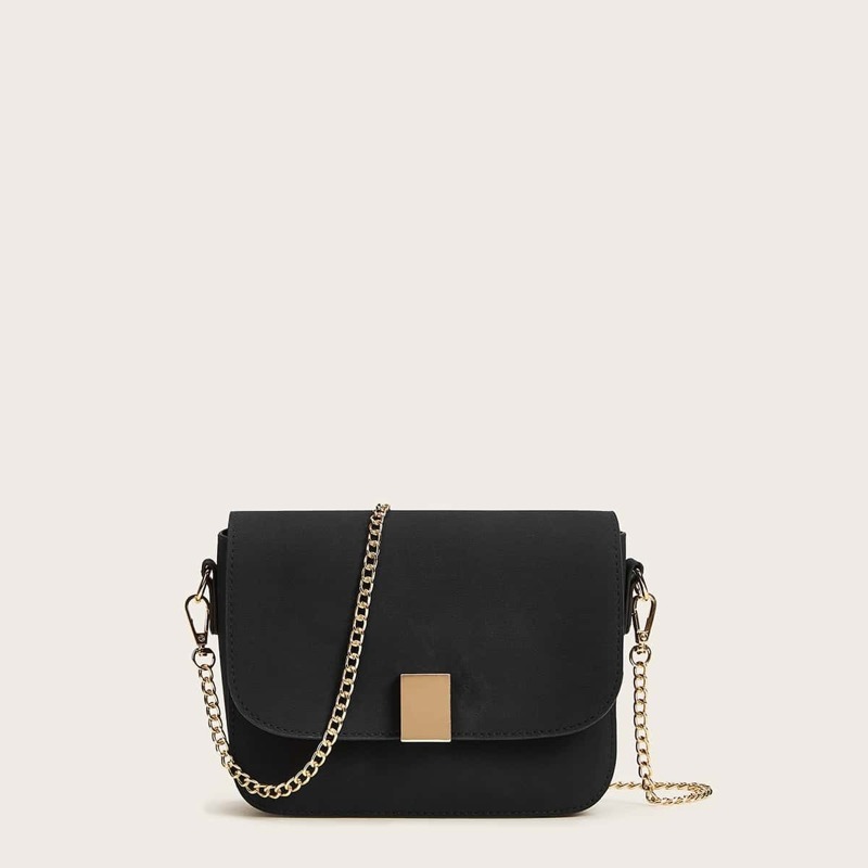 

Metal Detail Flap Chain Bag, Black