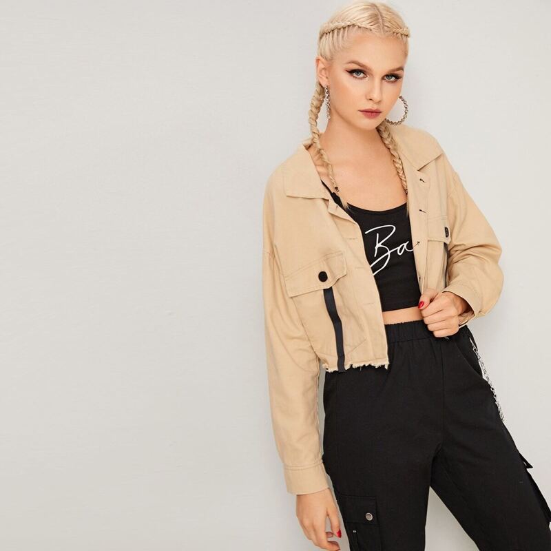 

Single-breasted Tape Raw Hem Jacket, Khaki