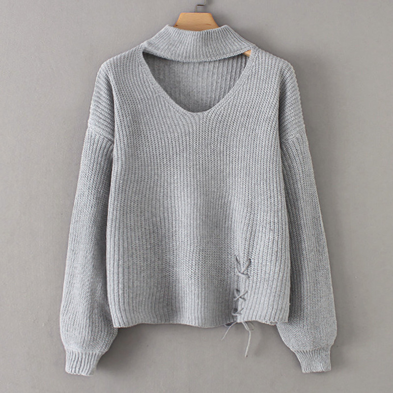 

Choker Neck Lace-up Front Sweater, Grey