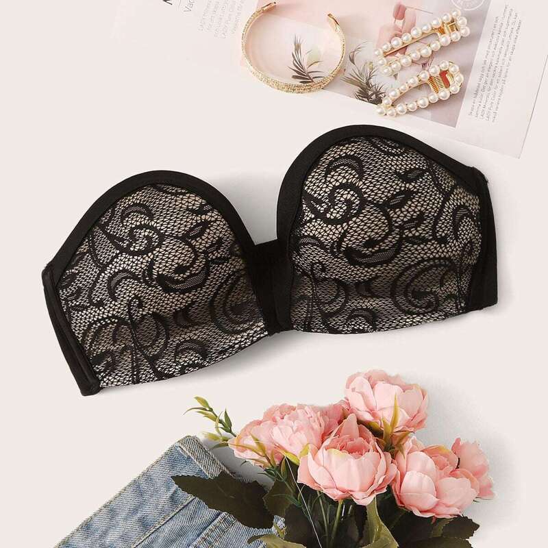 

Contrast Lace Bandeau Bra, Black