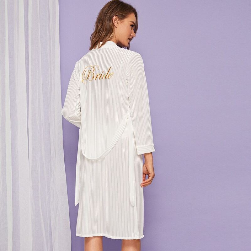 

Letter Embroidered Velvet Belted Robe, White