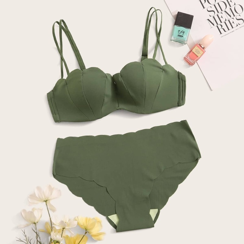 

Scalloped Trim Push Up Lingerie Set, Army green