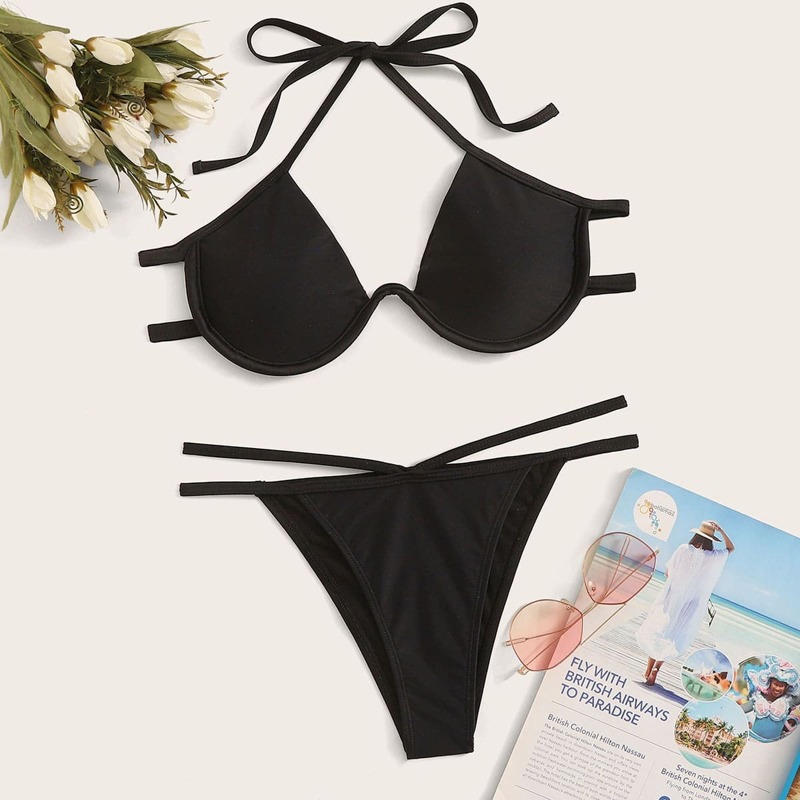 

Cut Out Tie Back Underwire Halter Bikini Set, Black