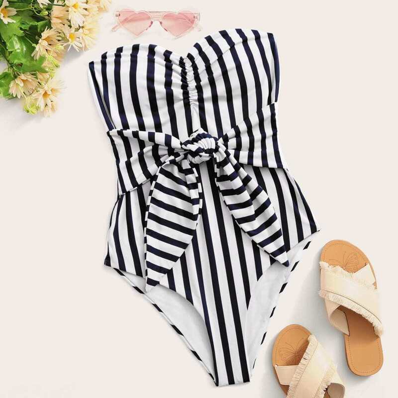 

Striped Knot Waist Bandeau One Piece Swimwear, Black and white