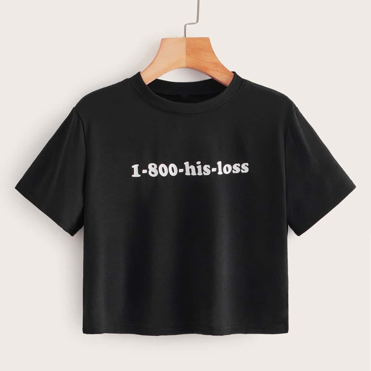 Round Neck Slogan Graphic Crop Tee, Black