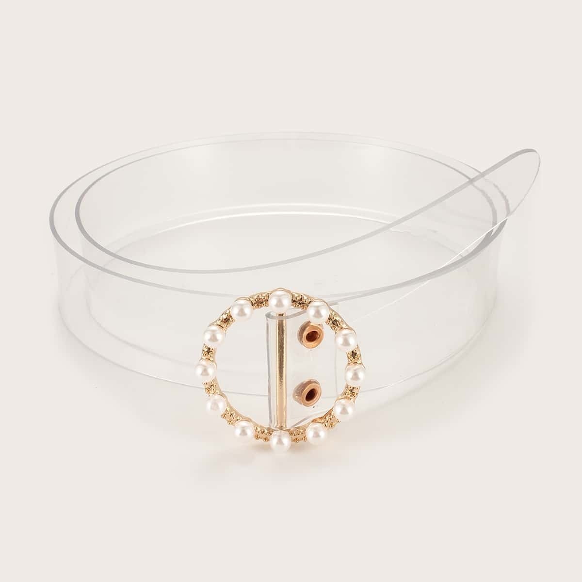 

Faux Pearl Decor Round Buckle Transparent Belt