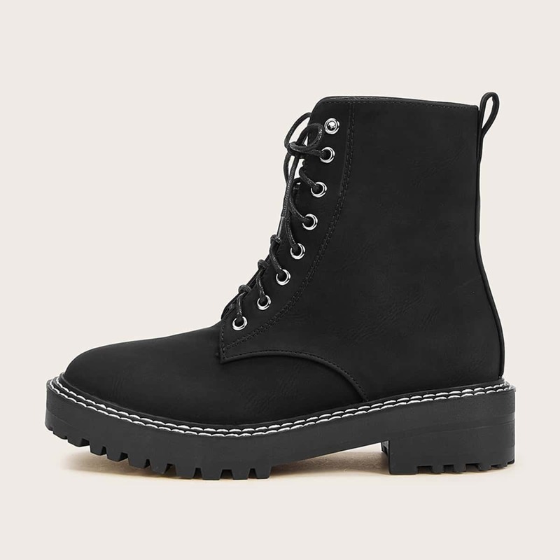 

Lace-up Front Lug Sole Combat Boots, Black