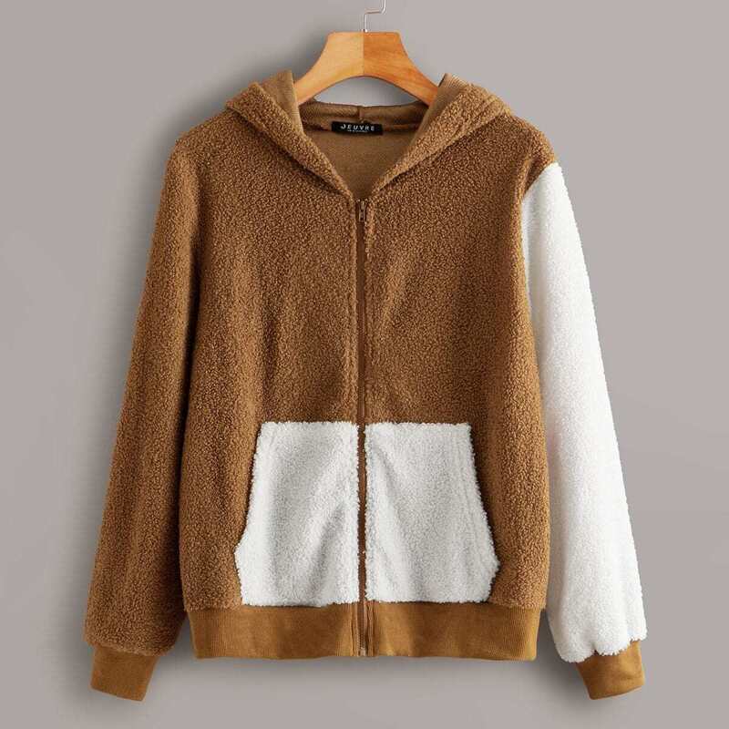 

Two Tone Zip Up Pocket Front Teddy Hooded Jacket, Brown