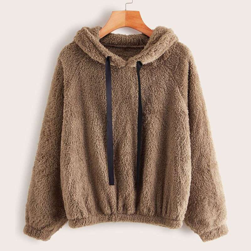

Drawstring Raglan Sleeve Teddy Hoodie, Brown