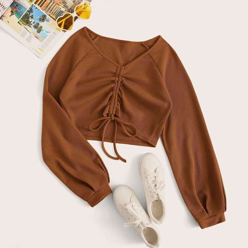

V-neck Drawstring Crop Tee, Brown