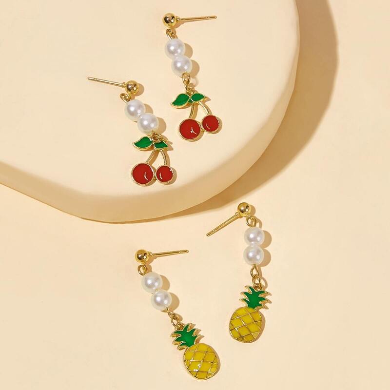 

Faux Pearl Decor Cherry & Pineapple Drop Earrings 2pairs, Multicolor