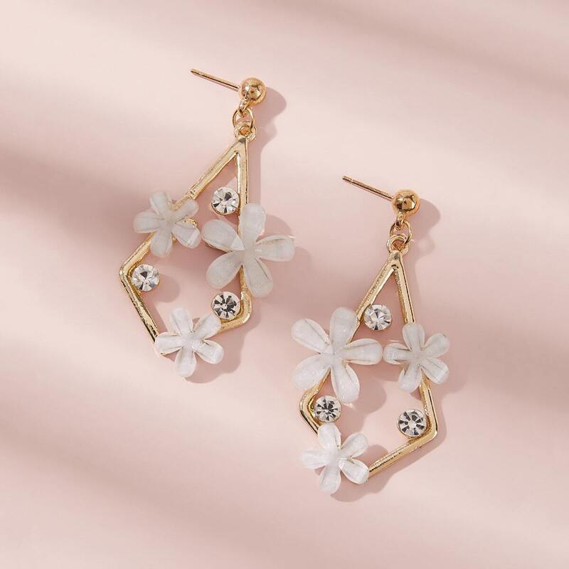 

Flower Decor Geometric Drop Earrings 1pair, Gold