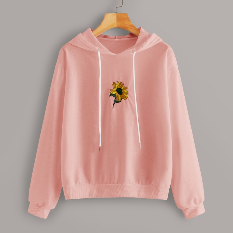

Floral Embroidered Drop Shoulder Drawstring Hoodie, Pink