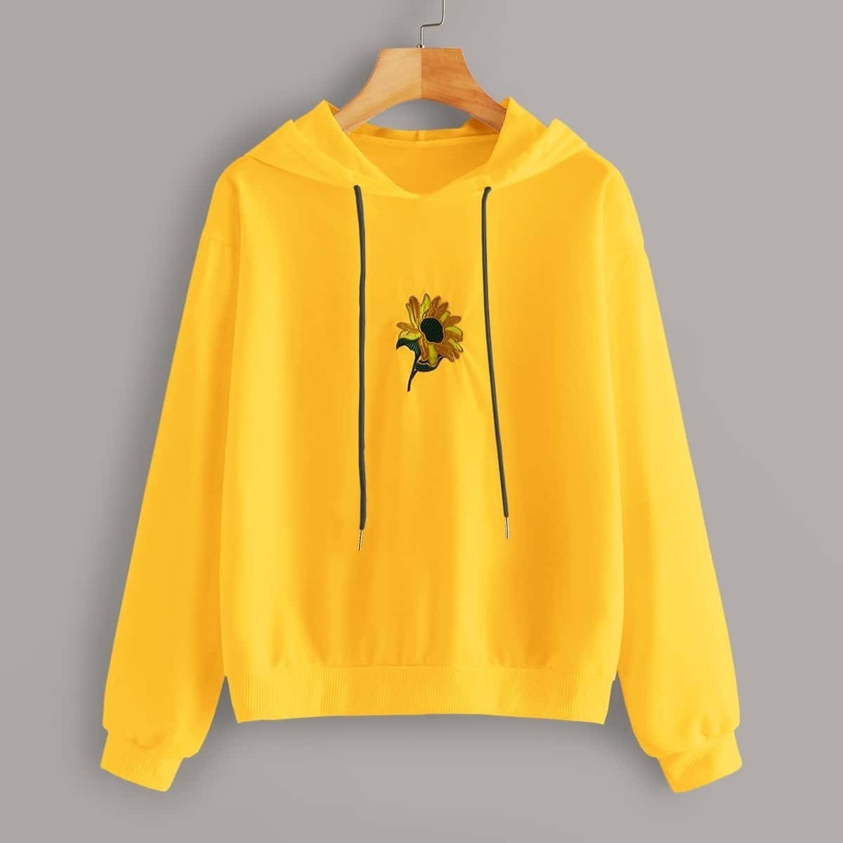 

Floral Embroidered Drop Shoulder Drawstring Hoodie, Yellow