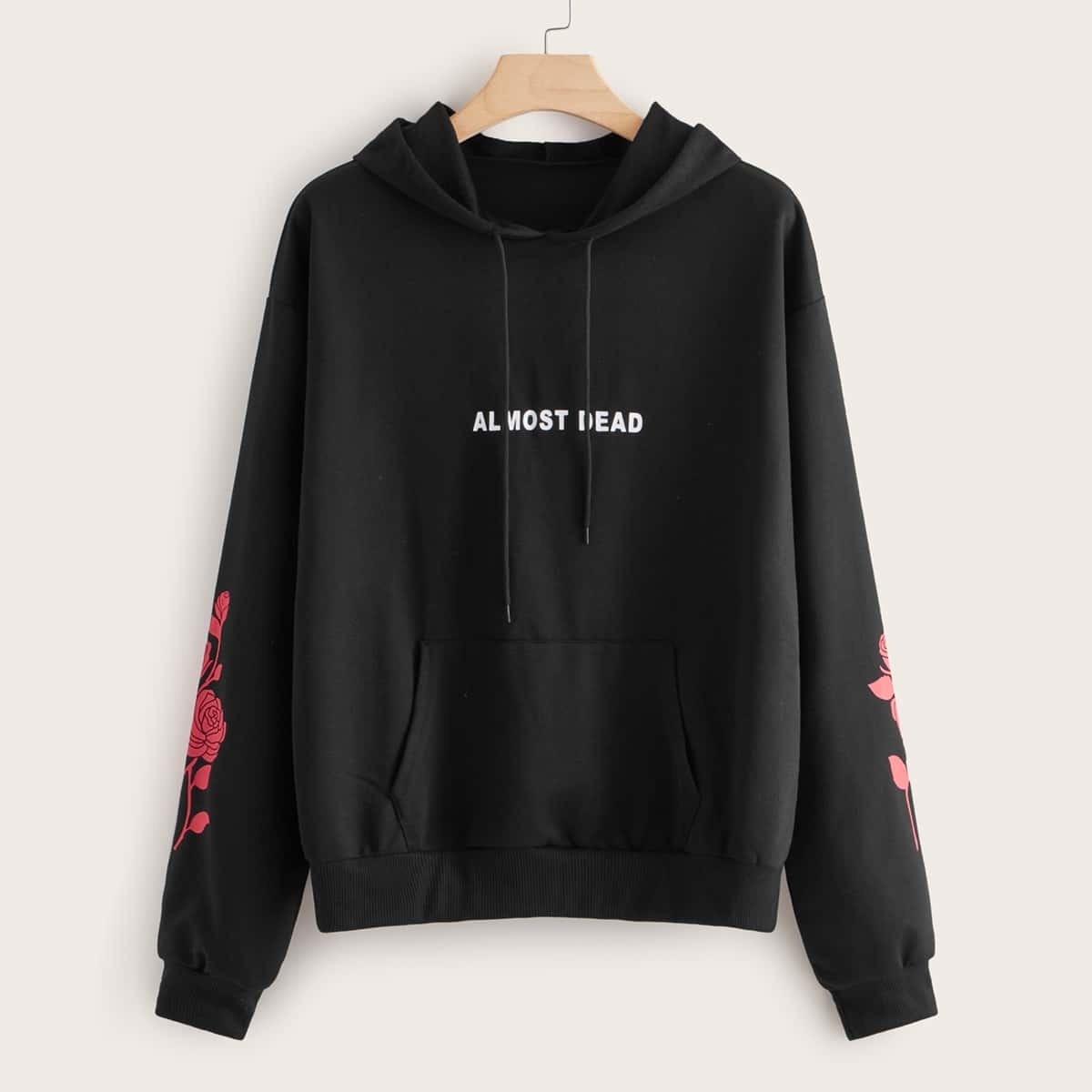 

Plus Letter & Rose Print Drop Shoulder Hoodie, Black
