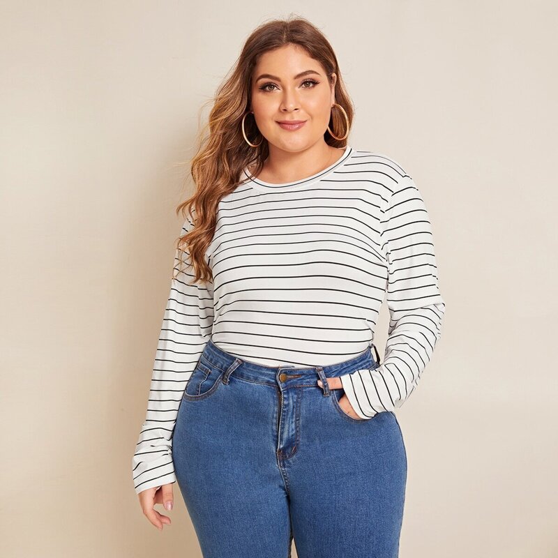 

Plus Striped Round Neck Tee, White