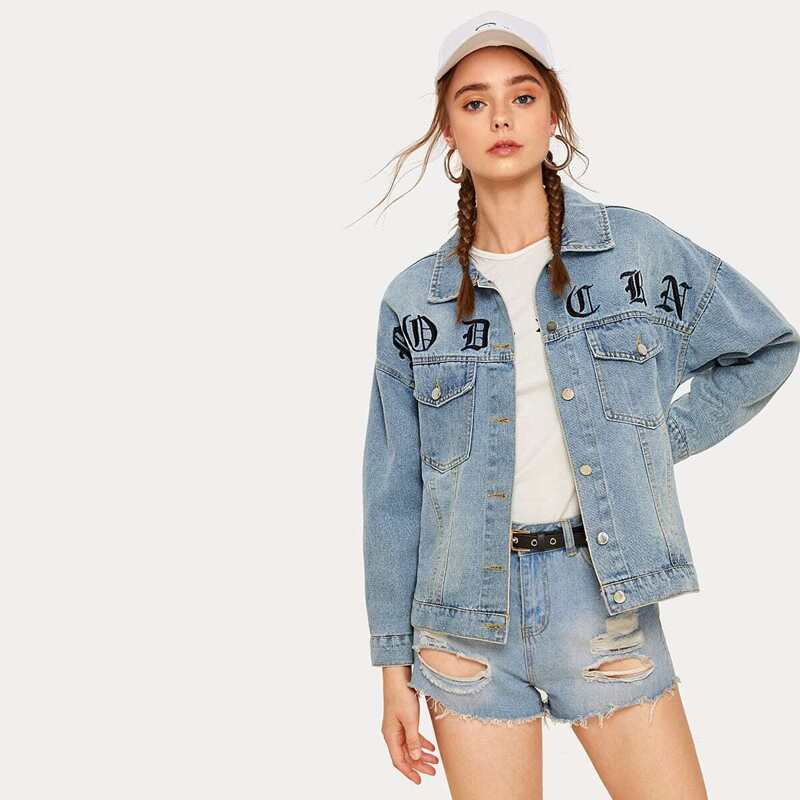 

Letter & Floral Embroidery Denim Jacket, Blue
