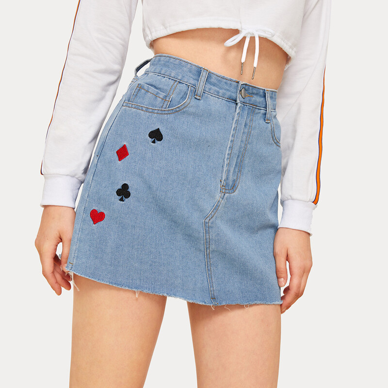 

Poker Card Embroidered Denim Skirt, Blue