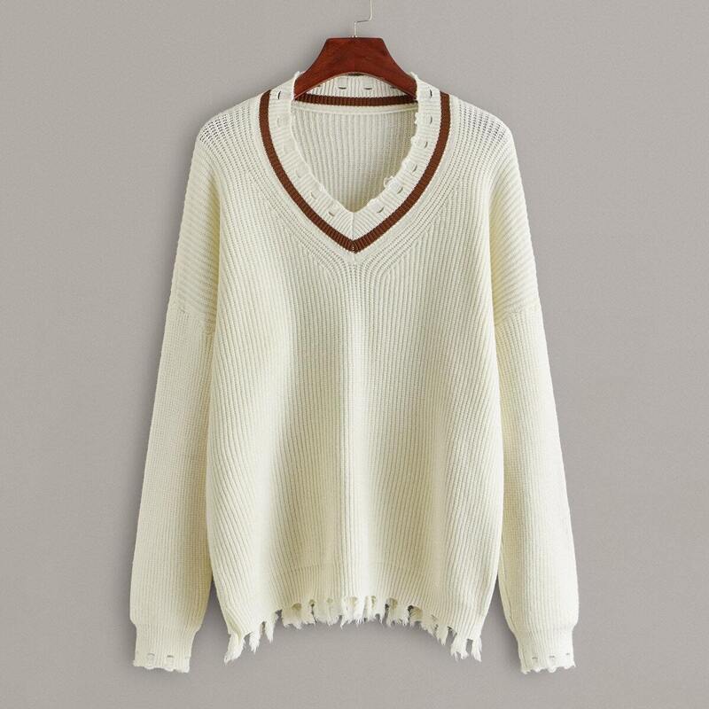 

V-neck Drop Shoulder Raw Hem Sweater, Beige