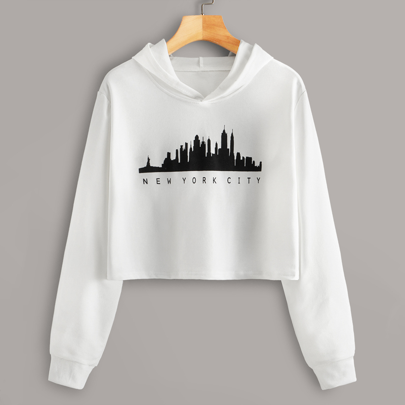 

Letter And Building Print Crop Hoodie, White