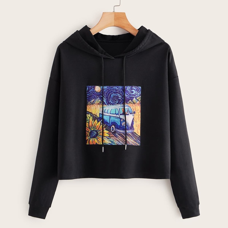 

Oil Painting Print Drawstring Hoodie, Black