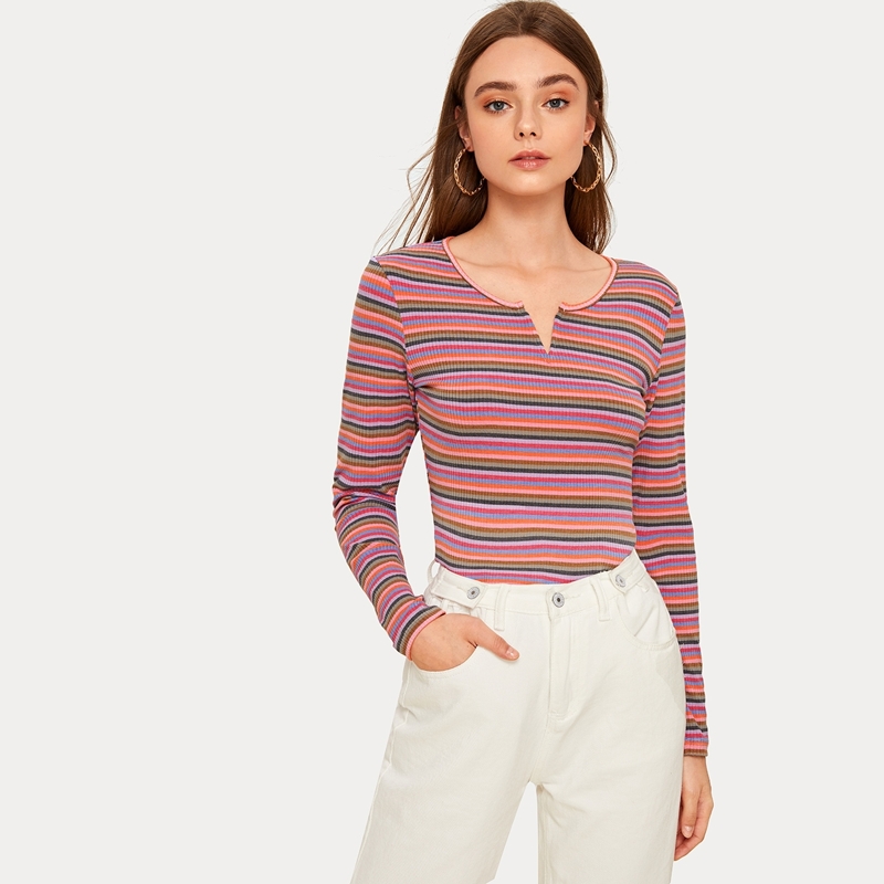 

Multi-stripe Notch Neck Ribbed Tee, Multicolor